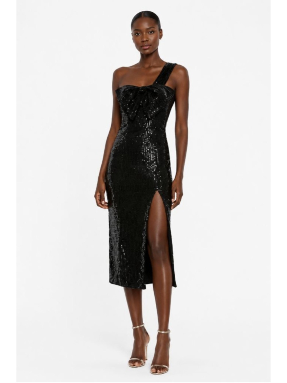 IEENA for MAC DUGGAL Black Sequin One Shoulder Bow Dress Size 8